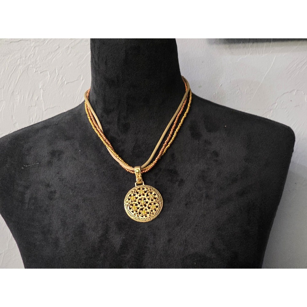 Premier Designs Gold Tone Circle‎ Pendant Multi Strand Necklace 19.5 Inch